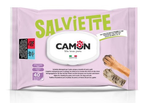 CAMON SALVIETTE PER LA PULIZIA DEL PELO AL PROFUMO DI TEA TREE OIL PER CANI E GATTI