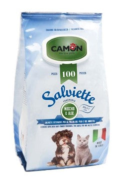 CAMON SALVIETTE PER LA PULIZIA DEL PELO AL PROFUMO DI MUSCHIO E ALOE 100PZ PER CANI E GATTI
