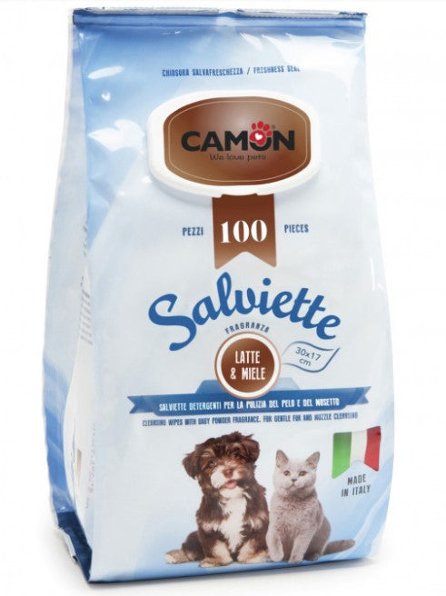 CAMON SALVIETTE PER LA PULIZIA DEL PELO AL PROFUMO DI LATTE E MIELE 100PZ PER CANI E GATTI
