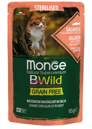 MONGE BWILD BUSTE STERILISED salmone/gamb.ti/ort 85g