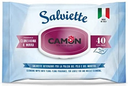 CAMON SALVIETTE PER LA PULIZIA DEL PELO AL PROFUMO DI CLOREXIDINA E MIRRA PER CANI E GATTI