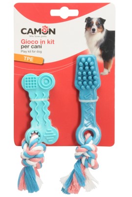 GIOCO CANE SPAZZOLINO E OSSO IN TPE CON CORDA 10 CM