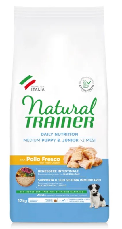 NATURAL TRAINER MEDIUM/PUPPY/JUNIOR CON POLLO E RISO 12KG
